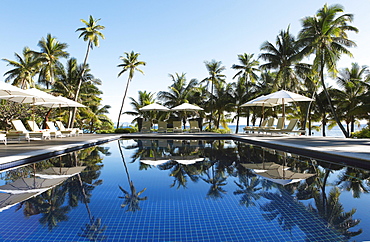 Sun loungers and parasols by a pool under palm trees, Vomo Island, Mamanuca Islands, Fiji, Oceania