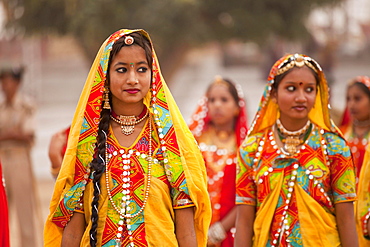 Young women in typical colourful traditional Rajasthani costume at the camel market and livestock market, Pushkar Mela, Pushkar, Rajasthan, India, Asia