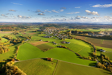 Aerial view, meadows at Kallenhardt, Ruthen, Sauerland area, North Rhine-Westphalia, Germany, Europe