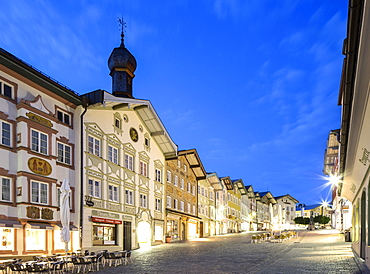 Residential and commercial buildings at dusk, market street, pedestrian area, Bad Tölz, Upper Bavaria, Bavaria, Germany, Europe