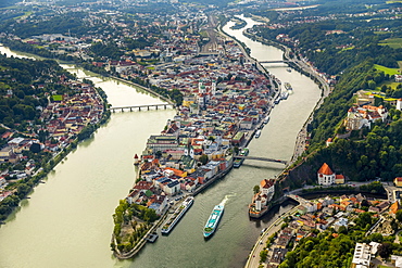 Historic centre of Passau, Veste Upper House, confluence of the three rivers Danube, Inn and Ilz, Passau, Lower Bavaria, Bavaria, Germany, Europe