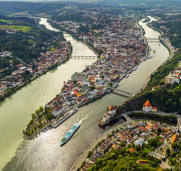 Historic centre of Passau, Veste Upper House, confluence of the three rivers Danube, Inn and Ilz, Passau, Lower Bavaria, Bavaria, Germany, Europe