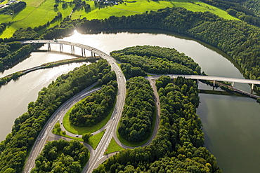 Roads B54 and B55, basin Biggetalsperre in the urban area Olpe, Bigge, Ruhr District, Sauerland, North Rhine-Westphalia, Germany, Europe