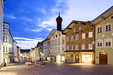 Residential and commercial buildings at dusk, market street, pedestrian area, Bad Tölz, Upper Bavaria, Bavaria, Germany, Europe