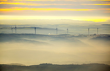 View over the mountains with wind turbines and fog, Hunsrück in Boppard, Rhine Valley, Rhineland-Palatinate, Germany, Europe