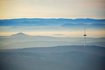 Mountains in fog with television tower of Koblenz, Hunsrück, Rhineland-Palatinate, Germany, Europe