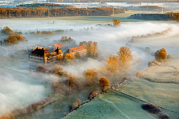 Aerial view, Schloss Oberwerries moated castle, morning fog above the Lippe river, Lippeauen, Hamm, Ruhr area, North Rhine-Westphalia, Germany, Europe