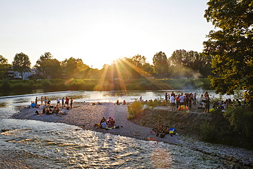 Sunset, Isar at Flaucher, Thalkirchen, Munich, Upper Bavaria, Bavaria, Germany, Europe