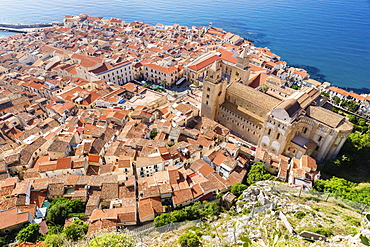 View from Rocca di Cefalù on the historic centre, Cefalù Cathedral, Cefalù , Province of Palermo, Sicily, Italy, Europe