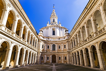 Courtyard of Studium Urbis, Cortile della Sapienza, Palazzo della Sapienza, and the baroque church of Sant'Ivo alla Sapienza by Francesco Borromini, Rome, Lazio, Italy, Europe