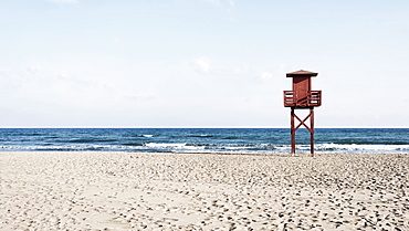 Empty beach with observation tower, Costa del Sol, Malaga, Andalucia, Spain, Europe