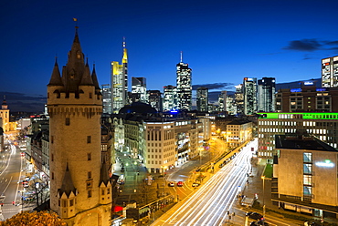 Skyline with Eschenheimer Tower city gate at night, Frankfurt, Hesse, Germany, Europe