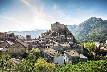 Medieval village with a castle in the mountains, Castelvecchio di Rocca Barbena, Savona Province, Liguria, Italy, Europe