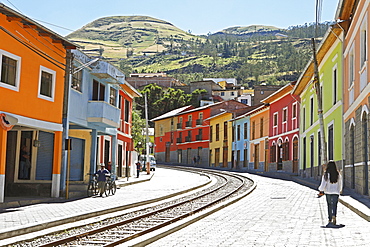 Eloy Alfaro street with tracks, start of the Andean railway route Nariz del Diablo or Devil's Nose, Alausi, Chimborazo Province, Ecuador, South America