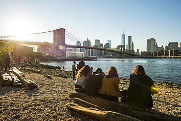 Fulton Ferry State Park on the East River, the Brooklyn Bridge and Downtown Manhattan at the back, Dumbo, Down Under the Manhattan Bridge Overpass, New York, United States, North America