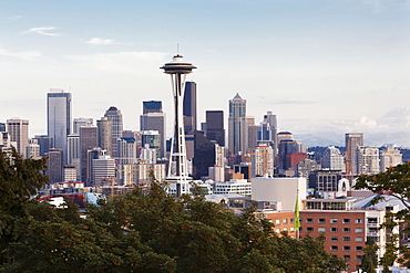 Skyline of Downtown Seattle with the Space Needle and Mt Rainier, Seattle, Washington, United States, North America