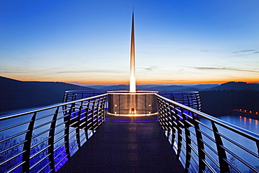 Illuminated viewing platform Biggeblick, Biggesee reservoir, Attendorn, Sauerland, North Rhine-Westphalia, Germany, Europe