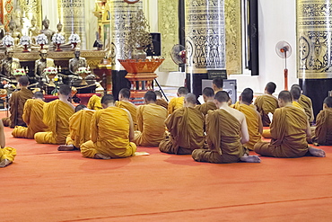 Monks praying at Wat Chedi Luang, Chiang Mai, Thailand, Asia