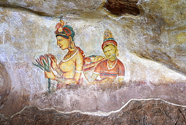 Fresco of the Cloud Girls on the Lion Rock of Sigiriya, UNESCO World Heritage Site, Sri Lanka, Asia