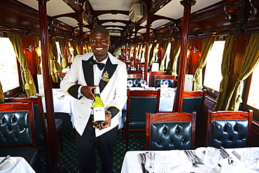 Service staff with wine selection in luxury train, Royal Livingstone Express, Livingstone, Zambia, Africa