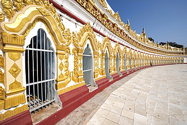 Umin Thounzeh or U Min Thonze, Pagoda of the 30 Caves, walls decorated with glass mosaics, Sagaing Hill near Mandalay, Myanmar, Asia