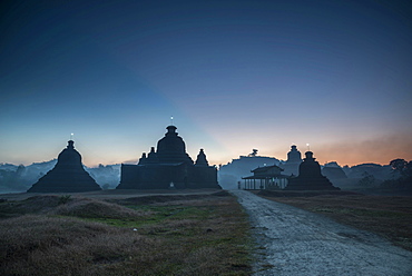 Laymyetnta Pagoda or Temple at twilight, blue hour, Mrauk U, Sittwe District, Rakhine State, Myanmar, Asia