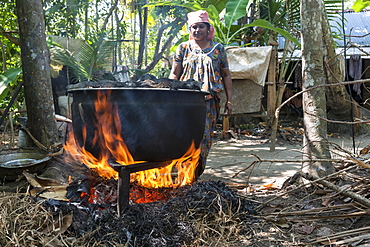 A woman cooking on open fire, Alappuzha, Kerala, India, Asia