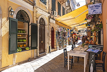 Restaurant, tavern, shops, old town, Kerkyra, island Corfu, Ionian Islands, Greece, Europe