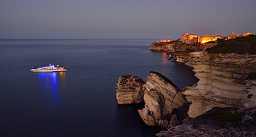 Upper town on the white chalk cliffs at dawn, Bonifacio, Corsica, France, Europe