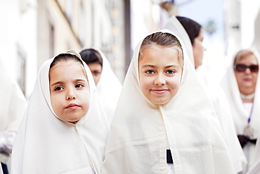 Girls taking part in the Easter procession in the historic centre, Vegueta, Las Palmas, Gran Canaria, Canary Islands, Spain, Europe