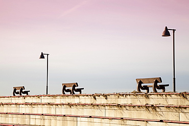 Benches at the waterfront promenade, Nessmersiel, Dornum, East Frisia, Lower Saxony, Germany, Europe