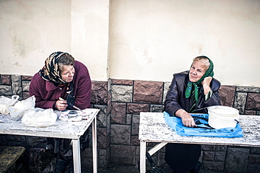 Two saleswomen on the central market, Lviv, Western Ukraine, Ukraine, Europe