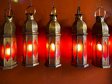 Metal lamps at Cafe Arabe, trendy meeting place, Medina, Marrakech, Marrakech-Tensift-Al Haouz, Morocco, Africa