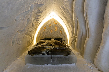 Bedroom in the Ice Hotel or Snow Hotel, Sinetta, Lapland, Finland, Europe