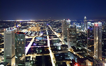 Central station and railway station district, high-rise buildings in the financial district, Fair Tower, at night, Frankfurt am Main, Hesse, Germany, Europe