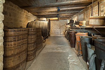 Old wine cellar with barrels of a winery, 19th century, Franconian Open Air Museum of Bad Windsheim, Bad Windsheim, Middle Franconia, Bavaria, Germany, Europe