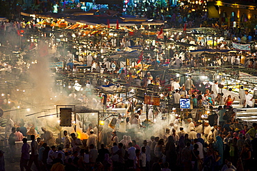 Food stalls in Djemaa el Fna square at night, Marrakech, Morocco, Africa