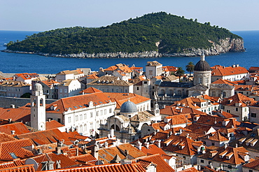 View from the city wall over the historic town centre towards the island of Lokrum, Dubrovnik, Dalmatia, Croatia, Europe