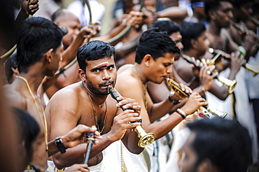 Musicians with trumpets at Hindu temple festival, Thrissur, Kerala, South India, India, Asia