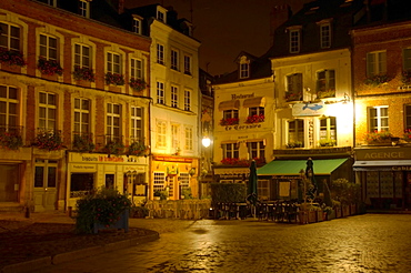 Market place and restaurants at night, Honfleur, Normandy, France, Europe
