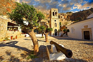 Main square of the lower town with the bell tower of the Byzantine Greek-Orthodox Church of Christ Elkomenos, Monemvasia, Peloponnese, Greece, Europe