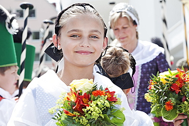 Fishing girl during a parade, Fischerstechen or water jousting festival, Ulm, Baden-Wurttemberg, Germany, Europe