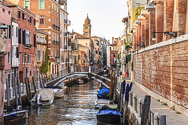 Canal Rio de la Fornace with bridges and boats, Venice, Italy, Europe