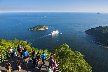 View from the Sugarloaf Mountain or Pao de Acucar onto a cruise ship, Rio de Janeiro, Brazil, South America