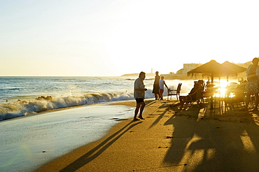 Beach bar at sunset, Los Canos de Meca, Cadiz province, Costa de la Luz, Andalusia, Spain, Europe