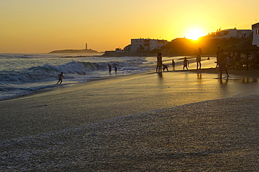 Beach at sunset, Los Canos de Meca, Cadiz province, Costa de la Luz, Andalusia, Spain, Europe