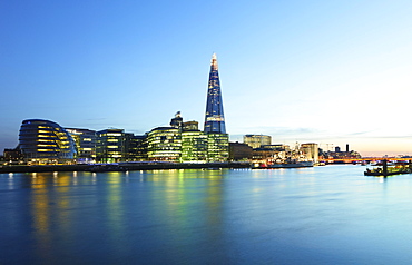 Skyline with City Hall and The Shard with Themse at dusk, London, England, United Kingdom, Europe