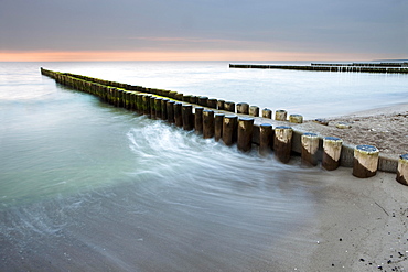 Groynes on the Baltic coast, sunset, Mecklenburg-Western Pomerania, Zingst, Fischland-Darss-Zingst, Germany, Europe