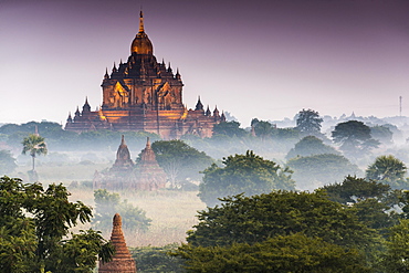 Temples in the morning mist, stupas and pagodas in the temple complex of the Plateau of Bagan, Mandalay Division, Myanmar or Burma