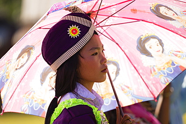 Young woman dressed in a traditional Hmong costume, Hmong New Year's Celebration, Phonsavan, Xiangkhouang, Laos, Asia